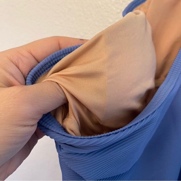 J. Crew Ribbed blue one strap one piece Swimsuit padded L 10 - Picture 9 of 11
